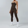 Two-piece dark brown yoga set with white trim tank top and high waist leggings - XS / Top And Bottom / Coffee (Vest + Leggings)