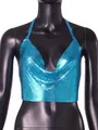 Detail showing the shimmering blue metallic sequins and V-neck of this sexy halter top - S / Tops / Sky Blue