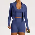 Ensemble de yoga sans couture 3 pièces bleu avec taille côtelée et veste longue - S / Ensemble / Soutien-gorge + Veste Zippée + Short / Violet Marbré