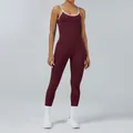 Two-piece women's burgundy color-block yoga set with backless camisole and leggings - XS / Top And Bottom / Chestnut