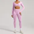 Pink seamless long-sleeve yoga set for women, high-waist gym fitness workout outfit - XS / Top And Bottom / Orchid Pink