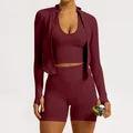 Ensemble de yoga sans couture 3 pièces bordeaux pour femme avec veste, brassière et short - S / Ensemble / Rouge Cerise