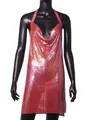Detailed view of a shimmering pink metallic sequin halter dress displayed on a black mannequin - Iridescent Red