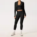 Ensemble de yoga sans couture 3 pièces noir avec taille côtelée - S / Ensemble / Noir