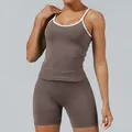 Women's two-piece taupe yoga set with white trim camisole and tight athletic shorts outfit - XS / Top And Bottom / Mocha