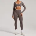 Two-piece seamless brown yoga set with long-sleeved crop top and high-waisted leggings - XS / Top And Bottom / Mocha