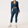 Ensemble de yoga 3 pièces bleu marine sans couture avec legging côtelé et veste femme - S / Ensemble / Bleu