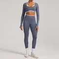 Seamless dusty blue yoga set with long-sleeved crop top and high-waisted leggings - XS / Top And Bottom / Ice Gray