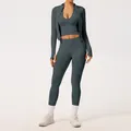 Ensemble de yoga 3 pièces sans couture gris anthracite avec legging côtelé et veste sport - S / Ensemble / Gris foncé