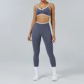 Two-piece grey and white color-blocked yoga set with backless sports bra and leggings - XS / Top And Bottom / Ice Gray