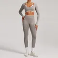 Professional seamless long-sleeve yoga set in grey and white for fitness and sports - XS / Top And Bottom / Stone