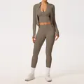 Ensemble de yoga 3 pièces sans couture pour femme en marron café avec son legging. - S / Ensemble / Kaki