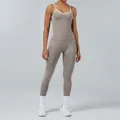 Premium taupe women's yoga set featuring white contrast straps and high-waist leggings - XS / Top And Bottom / Stone