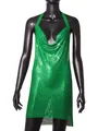 Detailed view of a sparkling green metallic mesh halter mini dress on a mannequin. - Green