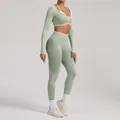 Seamless long sleeve yoga set in sage green for women's fitness and outdoor running. - XS / Top And Bottom / Pistachio Green
