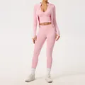 Ensemble de yoga rose sans couture 3 pièces pour femme avec legging et veste de sport - S / Ensemble / Rose Pêche