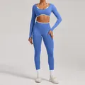 Women's blue seamless three-piece yoga set including long-sleeved top and leggings - XS / Top And Bottom / Provence Blue