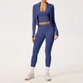 Ensemble de yoga bleu sans couture trois pièces avec taille côtelée et veste zippée - S / Ensemble / Violet Marbré