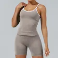 Women's two-piece taupe yoga set featuring white trim camisole and matching biker shorts - XS / Top And Bottom / Stone