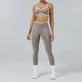 Women's two-piece taupe yoga set with white trim, sports bra and high-waist leggings. - XS / Top And Bottom / Stone