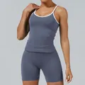 Professional two-piece color-block yoga set featuring racerback top and shorts in blue-gray - XS / Top And Bottom / Ice Gray