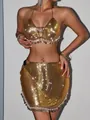 Detailed close-up of golden metallic mesh two-piece set with pearl fringe accents. - One Size / Tops / Gold