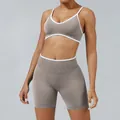Professional women's two-tone taupe yoga set with white trim and ribbed high-waisted shorts - XS / Top And Bottom / Stone