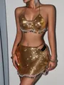 Detailed view of glamorous gold metal mesh sequin two-piece set with elegant fringe accents - One Size / Bottoms / Gold