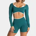 Two-piece teal green colorblock yoga set with long sleeve crop top and high waist shorts - XS / Top And Bottom / Long Sleeve Top + Shorts / Turquoise Green