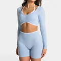 Light blue long-sleeve two-tone yoga set with white trim piping and high waist shorts - XS / Top And Bottom / Long Sleeve Top + Shorts / Baby Blue