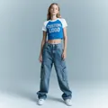 American style blue and white raglan crop T-shirt with custom logo text and denim cargo jeans - S / Tops / Custom Model 4 / Blue & White