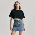 Camiseta corta negra casual de algodón 210g para mujer en un estilo americano - S / Tops / Negro