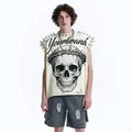 Men's heavyweight 230g American style skull print sleeveless vest with punk spikes - M / Punk Skull Studded Top / Off White