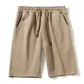 Khaki men's casual summer shorts featuring an elastic drawstring waist and side pockets. - M / Bottoms / Light Khaki