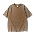 Vintage oversized brown acid-washed cotton t-shirt with drop shoulder casual design - S / Tops / Brown