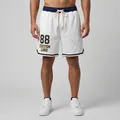 Men's white breathable mesh athletic shorts featuring custom printed logo design - S / Bottoms / White