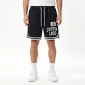Men's loose black mesh athletic shorts with custom 88 logo print and white stripes - S / Bottoms / Black
