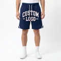 Men's navy blue mesh athletic shorts with custom logo print and white side stripes - S / Bottoms / Navy Blue