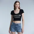 Custom black cropped sports t-shirt for women with rhinestone CUSTOM LOGO detail - S / Tops / Custom Model 1 / Black
