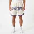 Men's cream-colored mesh basketball shorts featuring vintage custom logo print and drawstring waist - S / Bottoms / Off White