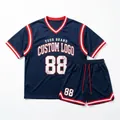 Custom navy blue V-neck mesh basketball jersey set with red and white trim details - Navy Custom Style 88