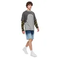 Streetwear men's fake two-piece long sleeve T-shirt featuring camouflage sleeves and charcoal grey body - Charcoal Gray/Camouflage Stitching