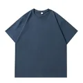 Plain dark blue cotton T-shirt with heavy drop shoulder and round neck design - Deep Sea Blue