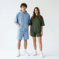 Premium men's short sleeve hoodie and shorts sports set in blue and olive green - S / Top And Bottom / Light Blue/Olive Green
