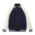 Classic navy blue and cream varsity jacket with striped ribbed trims and metal snap buttons - S / Tops / Navy Blue Patchwork Apricot