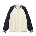 Vintage American style varsity jacket featuring off-white body and navy blue raglan sleeves - S / Tops / Apricot Patchwork Navy Blue