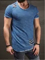 Close-up of men's blue distressed short sleeve T-shirt with ripped details - Blue
