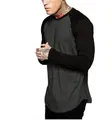 Detail of men's raglan long sleeve T-shirt with curved hem and contrast sleeves - M / Tops / Dark Gray