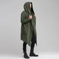 Full-body side profile of male model wearing a dark olive green long hooded cloak cardigan. - S / Tops / Green