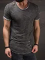 Detail view of a distressed grey short sleeve T-shirt showing ripped texture and round neck - Gray